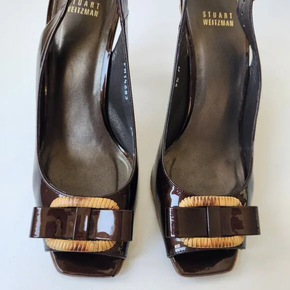 Stuart Weitzman Brown Patent Leather Slingback Heels Woven Block Heel Bows 9.5 M - Picture 4 of 15